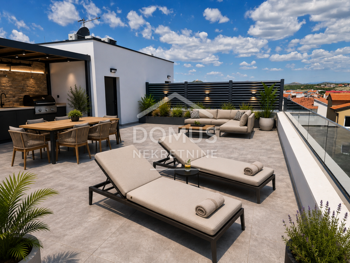 Vodice, new building, 2-room apartment 99,42 m2, with roof terrace 85,40m2 and sea view