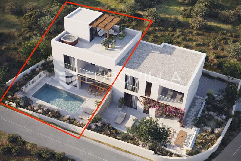 Vodice, luxury three-level apartment with pool and rooftop terrace offering panoramic sea view