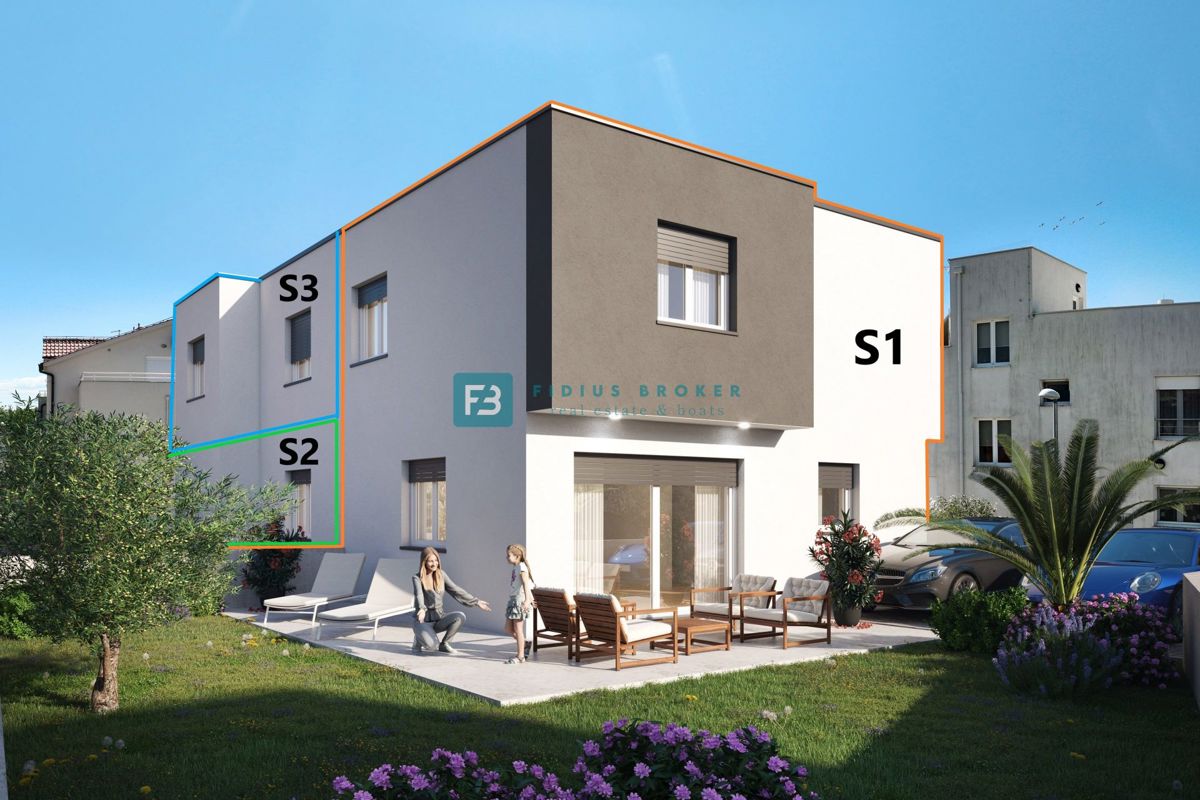 VODICE, nov projekt, dupleks stanovanje, 500 m od plaže, vrt 108 m2, shramba