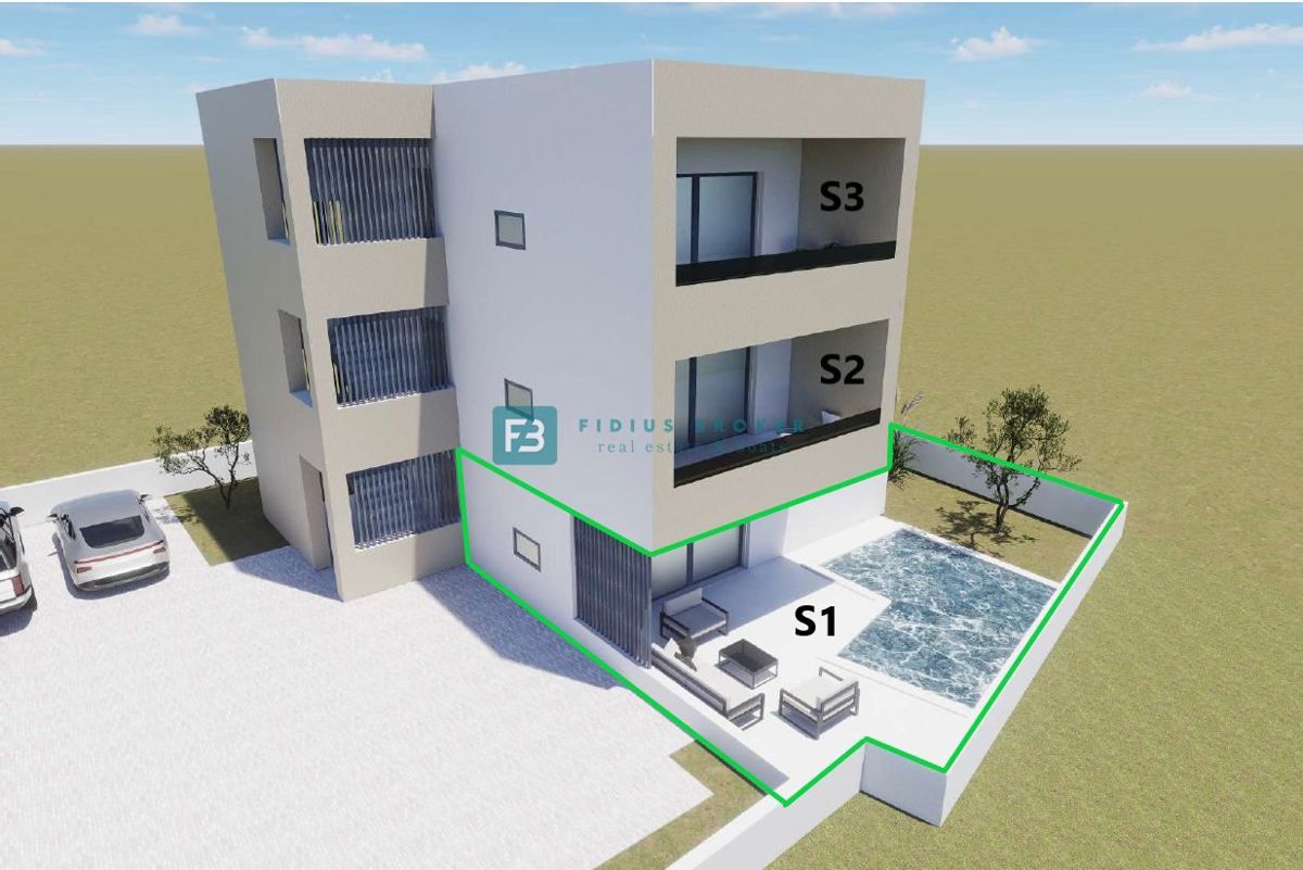 VODICE, new project, ground floor, swimming pool, yard 120 m2, storage room