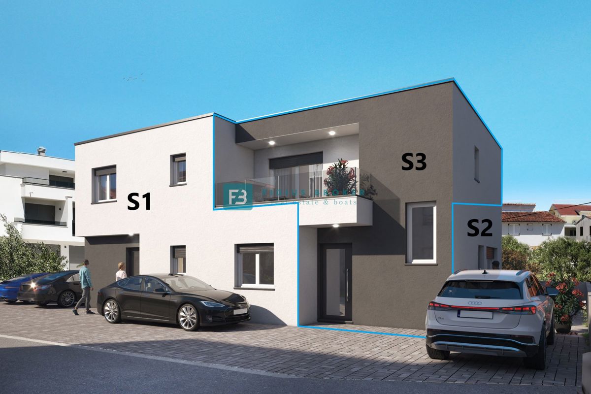 VODICE, novi projekt, moderan stan, 500 m od plaže, 1. kat, terasa